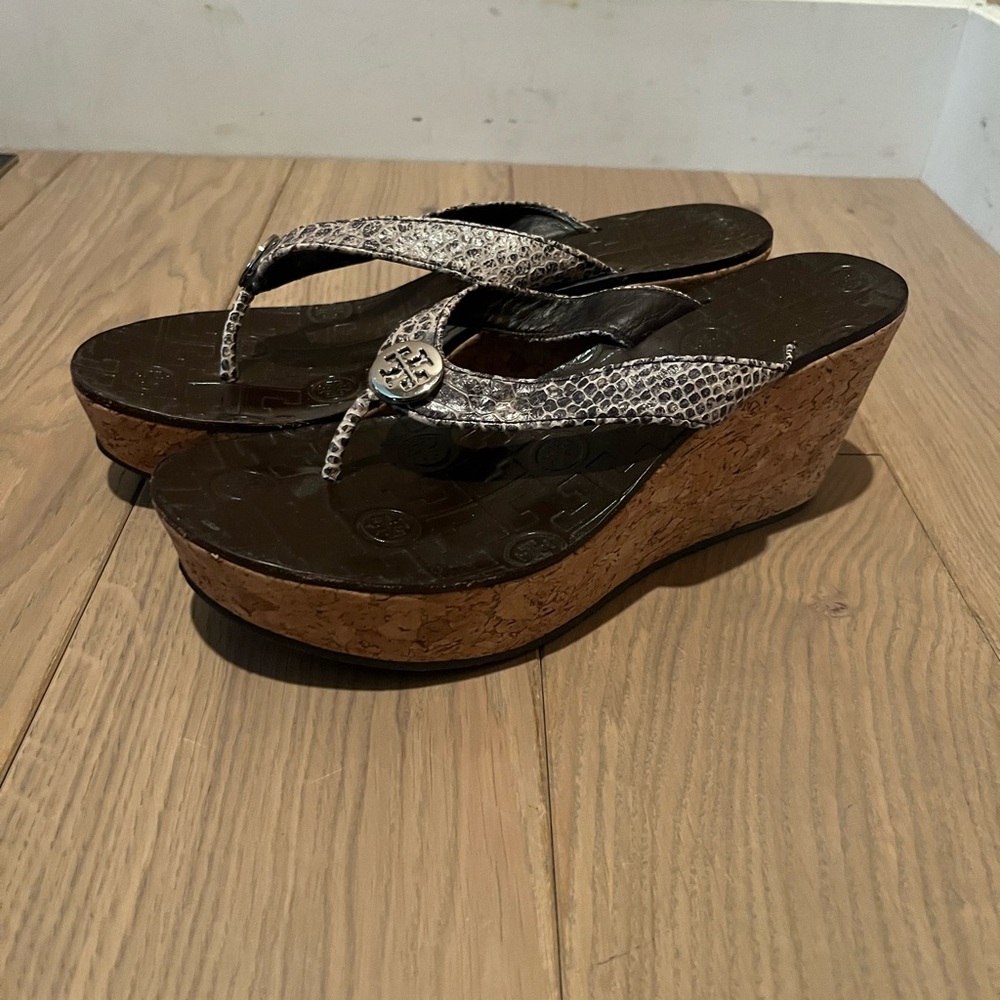 Tory Burch Thora Gray and Brown Wedge Sandals
